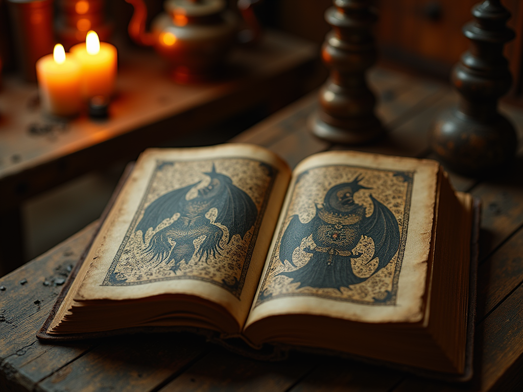 Старинная книга с иллюстрациями мифических существ на столе с зажжёнными свечами.