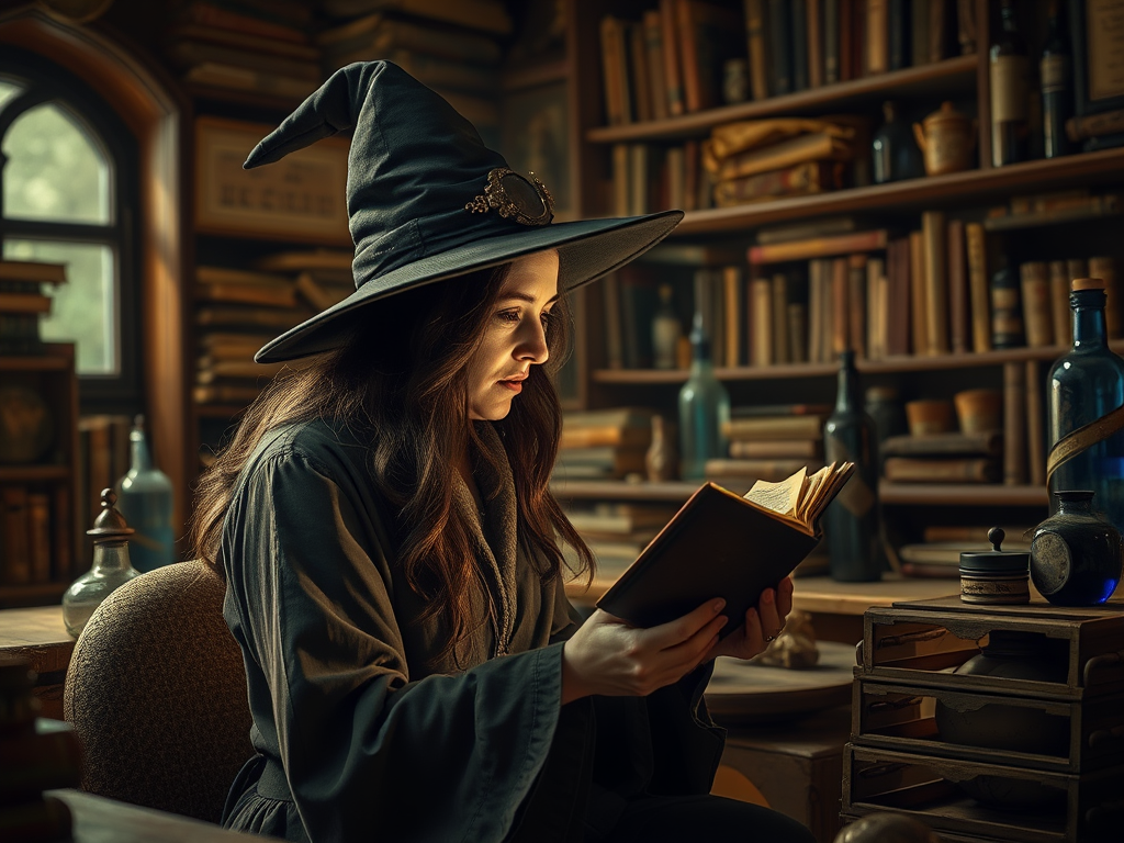 Молодая ведьма в чёрной шляпе читает книгу в библиотеке, окружённая старыми книгами и бутылками.