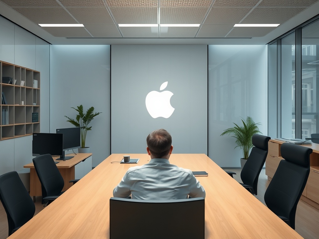 В уютном офисе Apple человек сидит за столом и смотрит на логотип компании на стене.