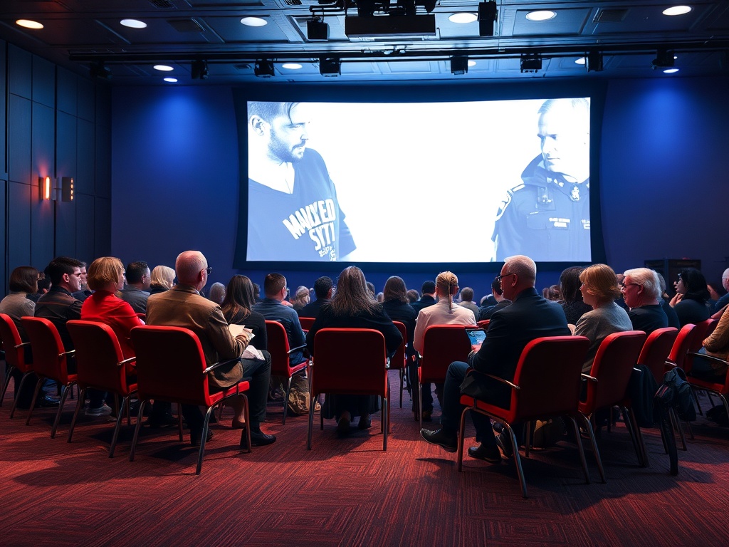 Зал для просмотра, зрители сидят на красных стульях, на экране кадры с людьми.