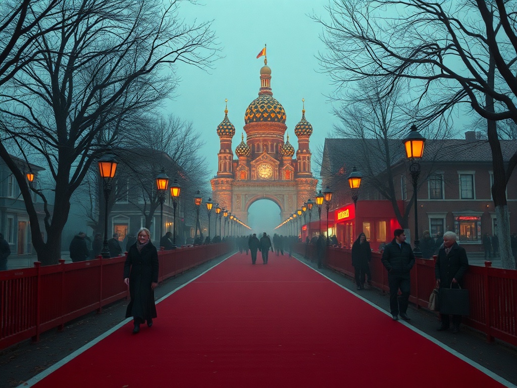 Туманный пейзаж с красной дорожкой, архитектурой в стиле православной церкви и прохожими.