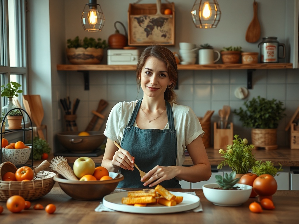 Женщина в кухне с фруктами готовит еду. На столе тарелка с коричневыми кусочками еды. Смешанная атмосфера уюта.