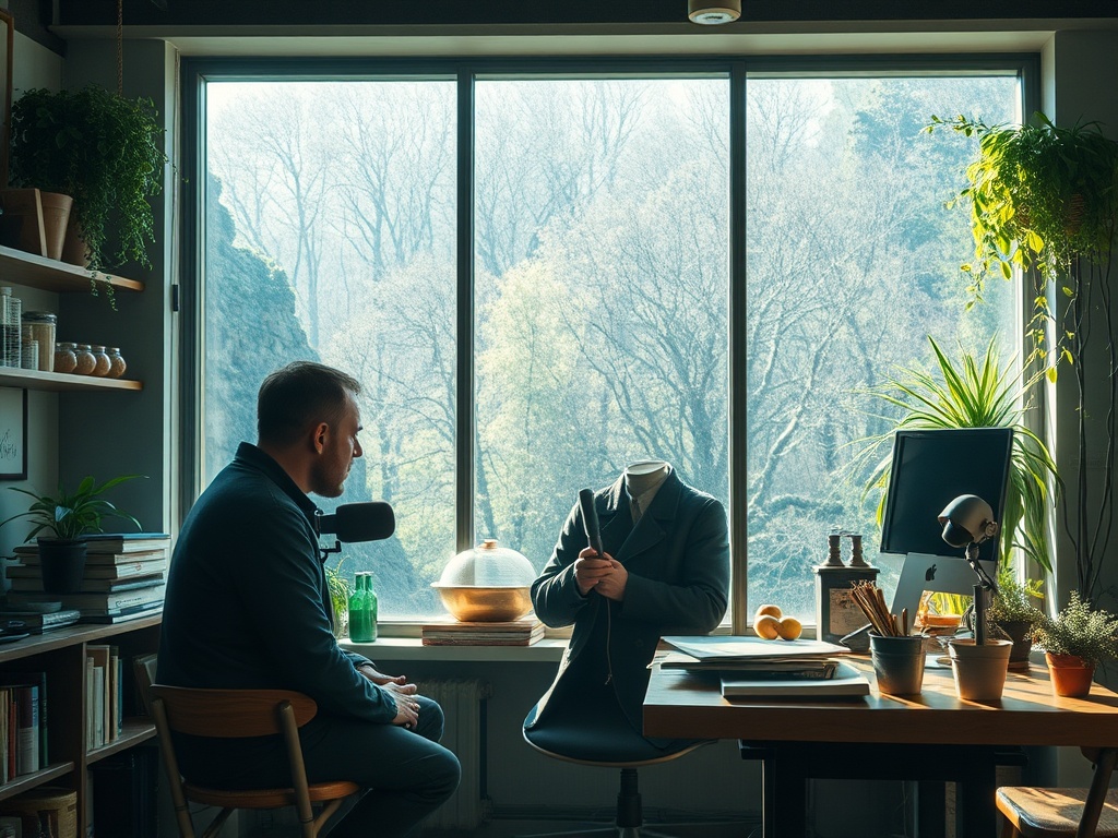 В комнате с большим окном мужчина разговаривает с безголовым манекеном, окружённым растениями и предметами интерьера.