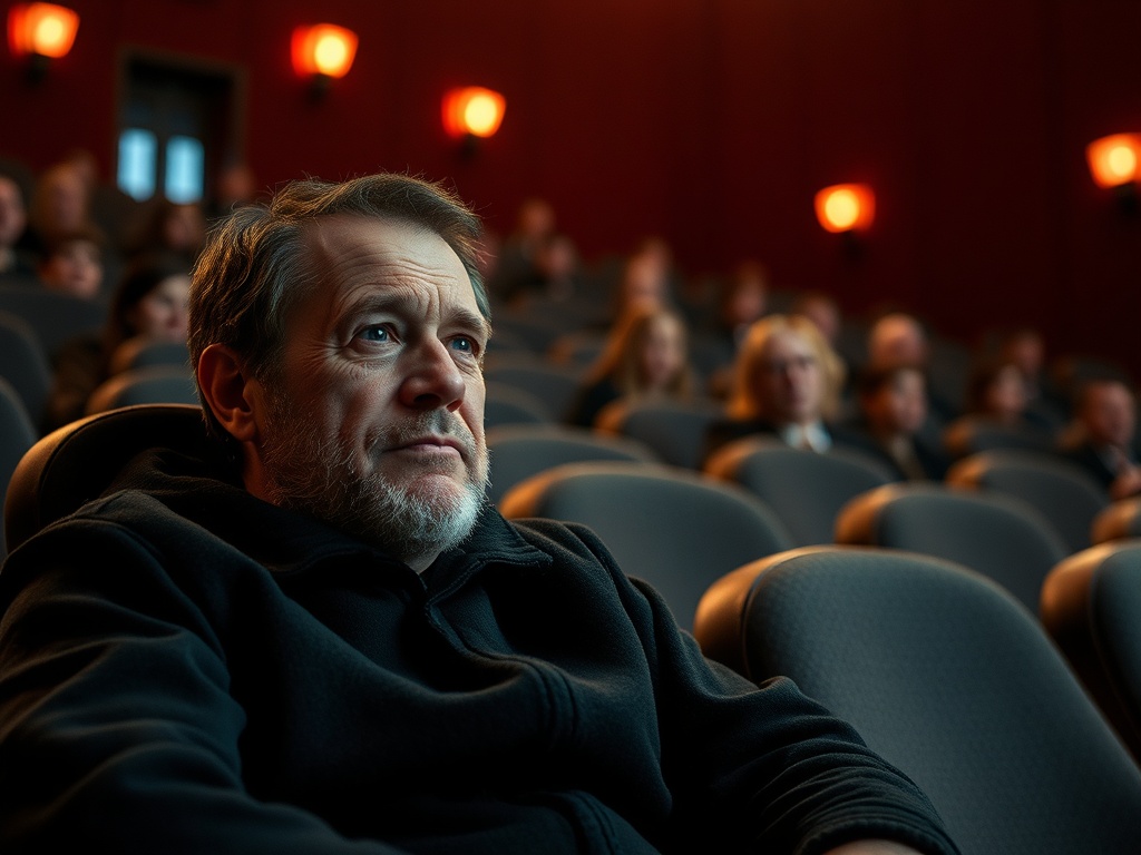 На изображении мужчина с бородой сидит в кинозале, внимание сосредоточено на экране, зрители сзади задумчивы.