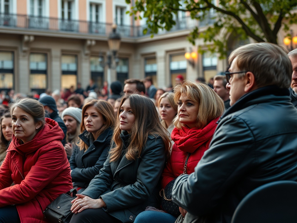 Группа людей, сидящих в парке на мероприятии, одеты в красные и тёмные куртки, выражают интерес.