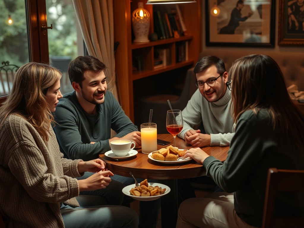 Четыре друга наслаждаются временем вместе за столом с напитками и закусками в уютном кафе.