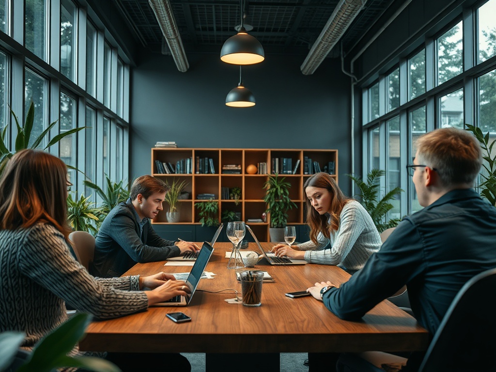 В современном офисе команда сидит за столом и работает на ноутбуках, обсуждая проект.