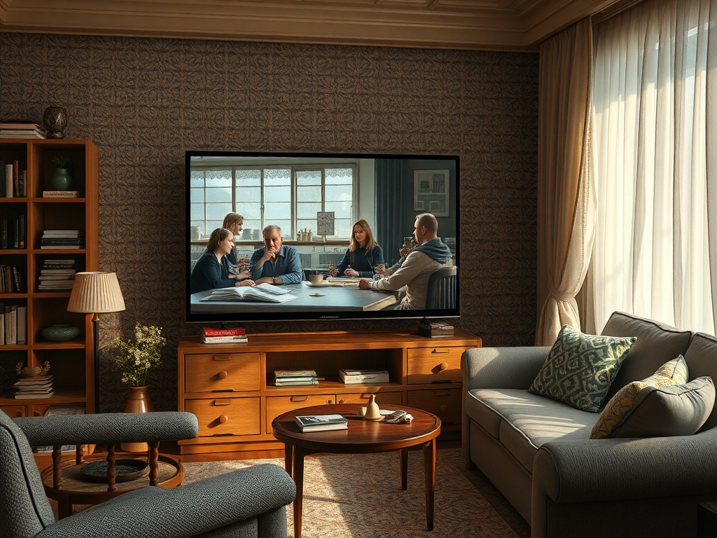 В гостиной с уютной обстановкой на телевизоре показана сцена обсуждения с несколькими людьми за столом.