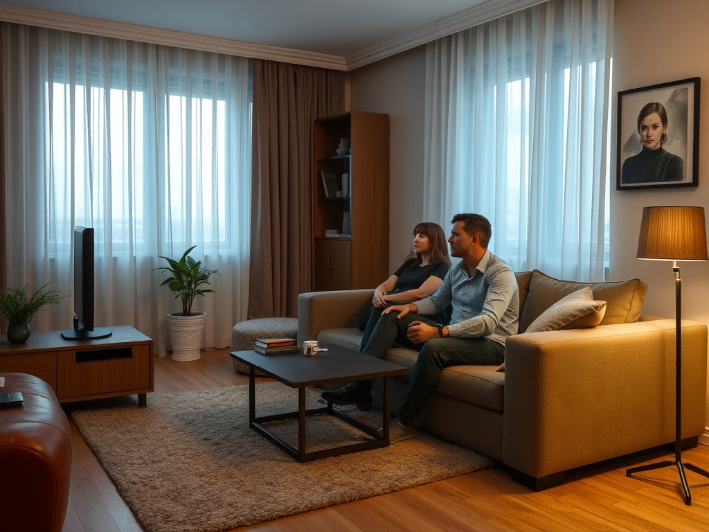 На диване сидят мужчина и женщина в уютной комнате с мягким освещением и окнами с занавесками.