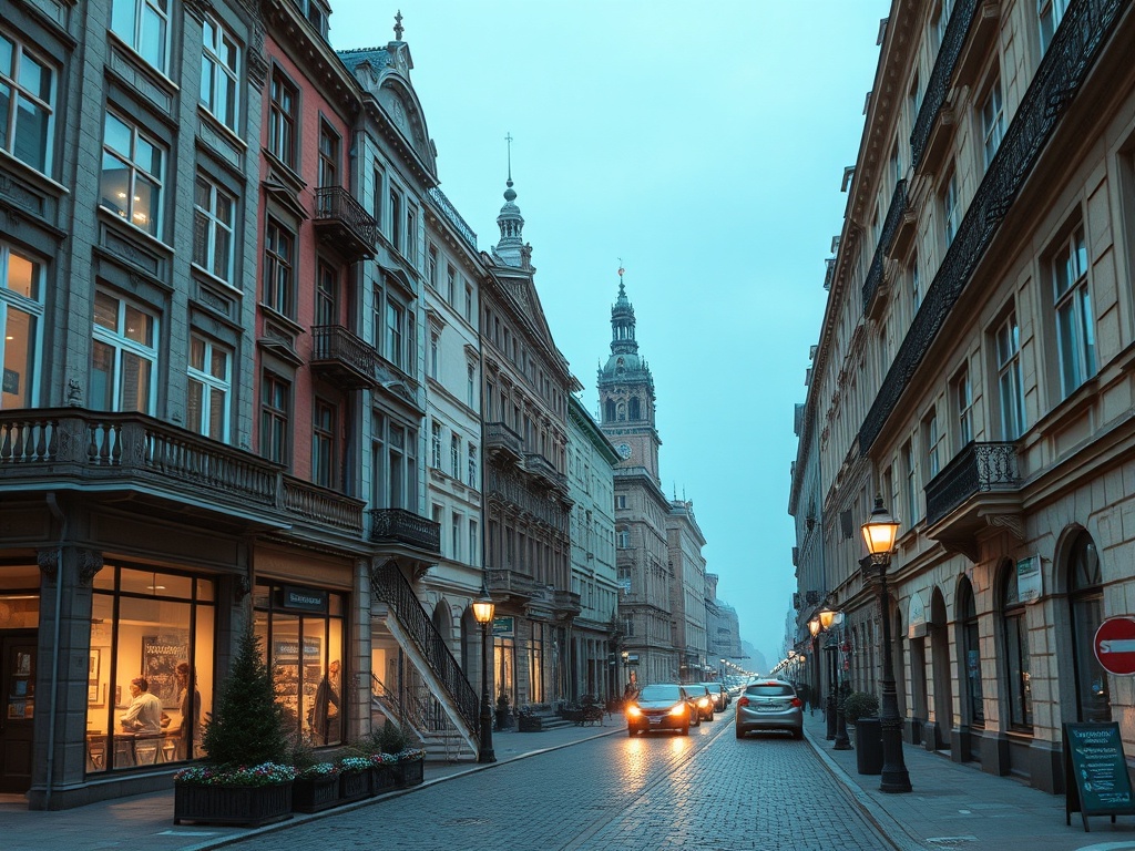 Улица с исторической архитектурой, вечерний свет, автомобили, вдали видна высокая башня.