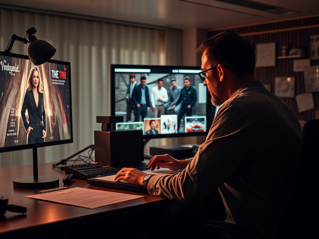 Мужчина работает за компьютером, на экранах разные изображения и фотографии в офисной обстановке.