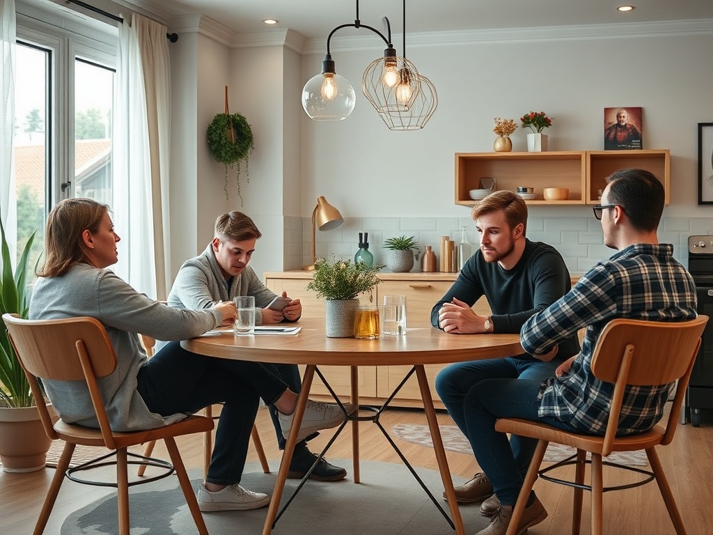 Четыре человека обсуждают что-то за круглым столом в уютной комнате с высоким освещением.