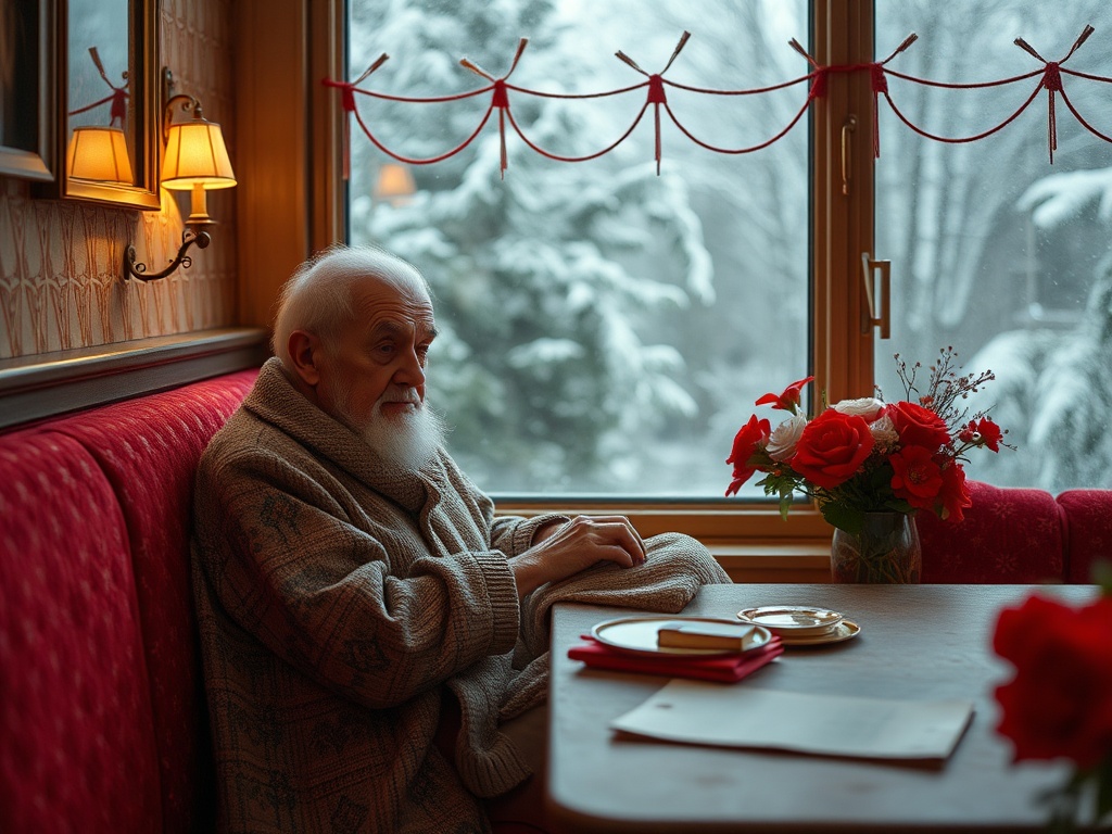 Пожилой человек в уютном свете сидит за столом у окна, наслаждаясь зимним пейзажем за окном.