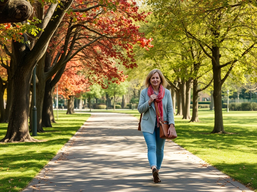 Женщина прогуливается по аллее с яркими деревьями, окруженная осенними цветами природы.