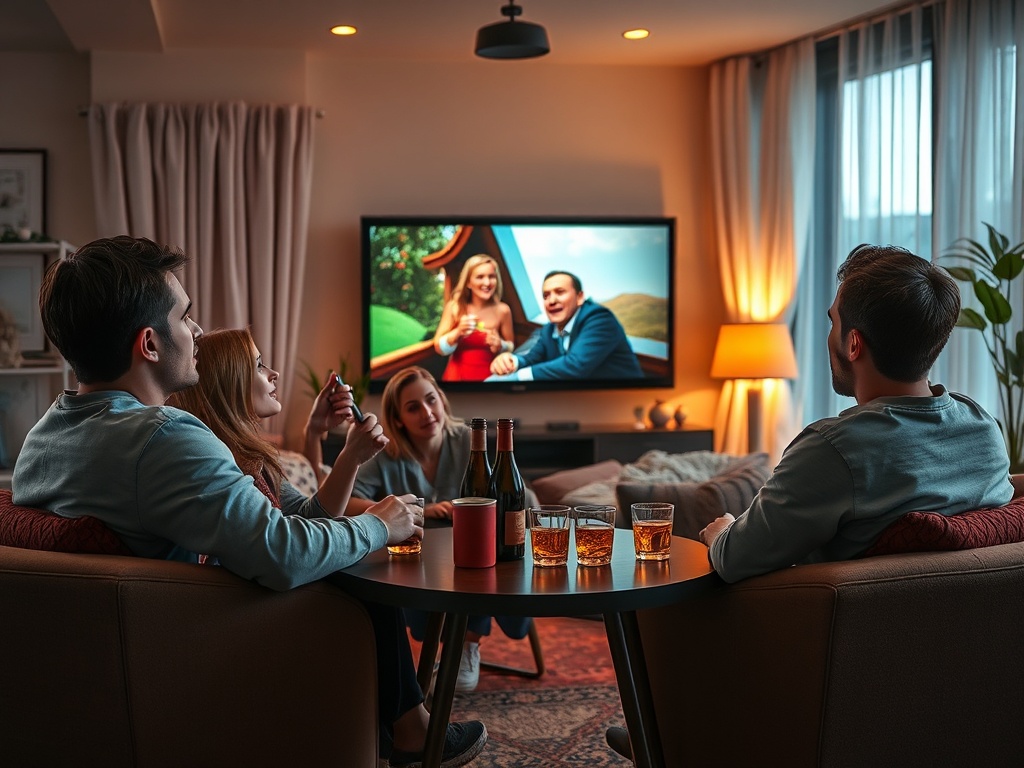 Компания друзей наслаждается вечером у телевизора с напитками. Уютная обстановка и светлые тона.