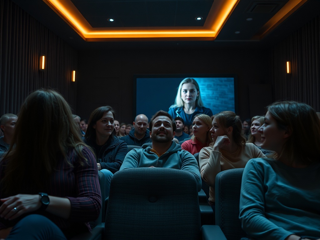 В зале кинотеатра зрители смотрят на экран с изображением женщины. Темно, атмосфера напряженная.