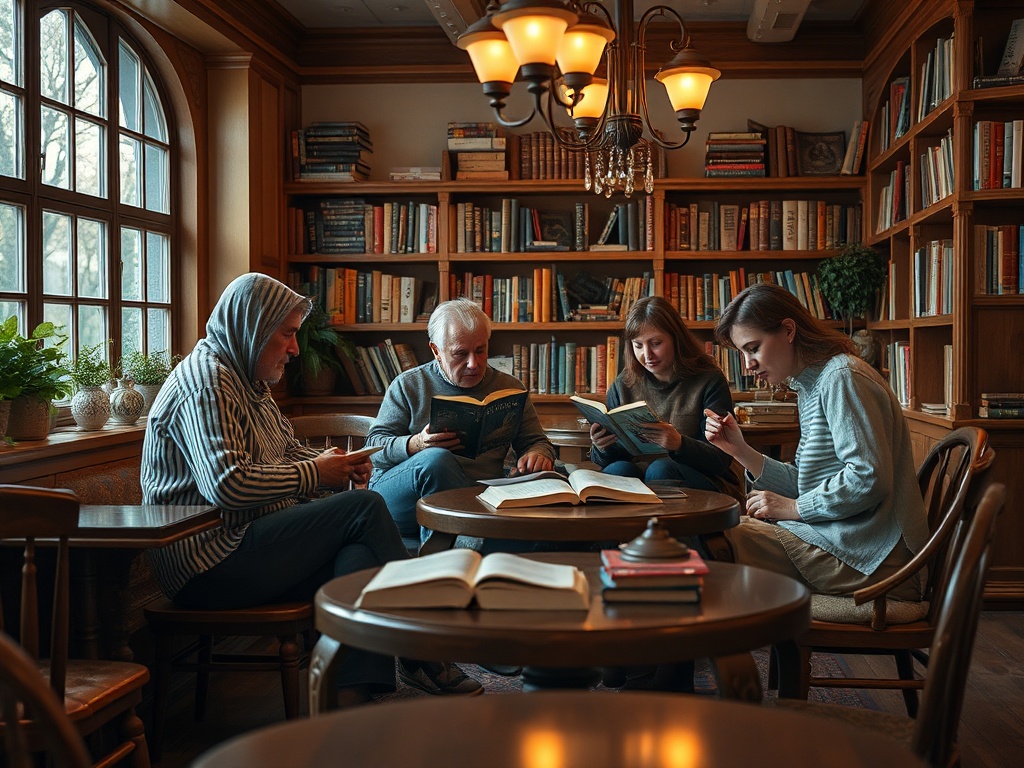 Четыре человека читают книги в уютной библиотеке сhelves книг и мягким освещением.