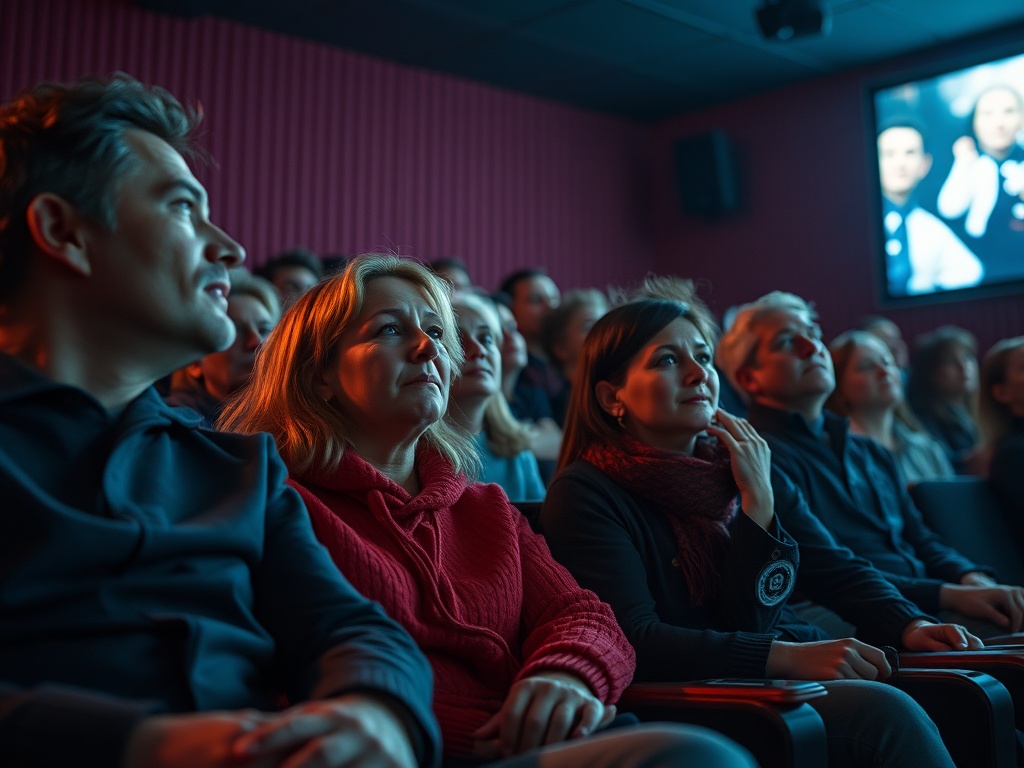В зале кинотеатра зрители внимательно смотрят на экран, погруженные в атмосферу фильма.