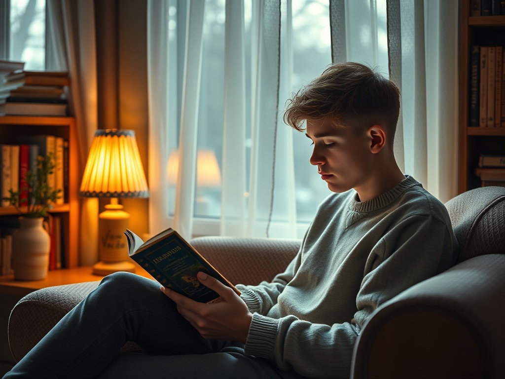 Молодой человек читает книгу на диване при мягком свете лампы и солнечном свете через окна.