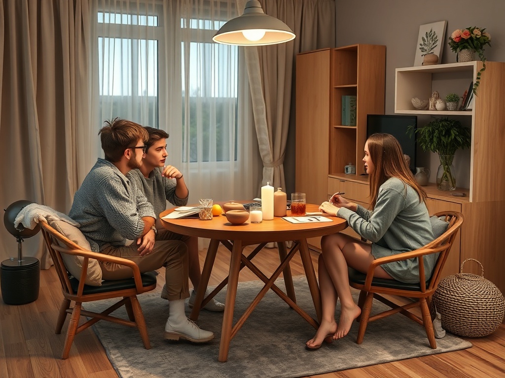 Трое друзей обсуждают что-то за столом в уютной квартире при мягком свете. На столе еда и напитки.