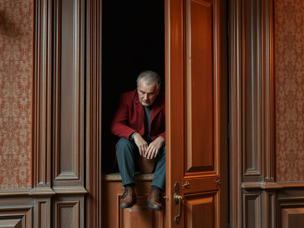 Пожилой мужчина сидит на подоконнике двери, задумчиво смотря вниз. Интерьер в теплых коричневых тонах.