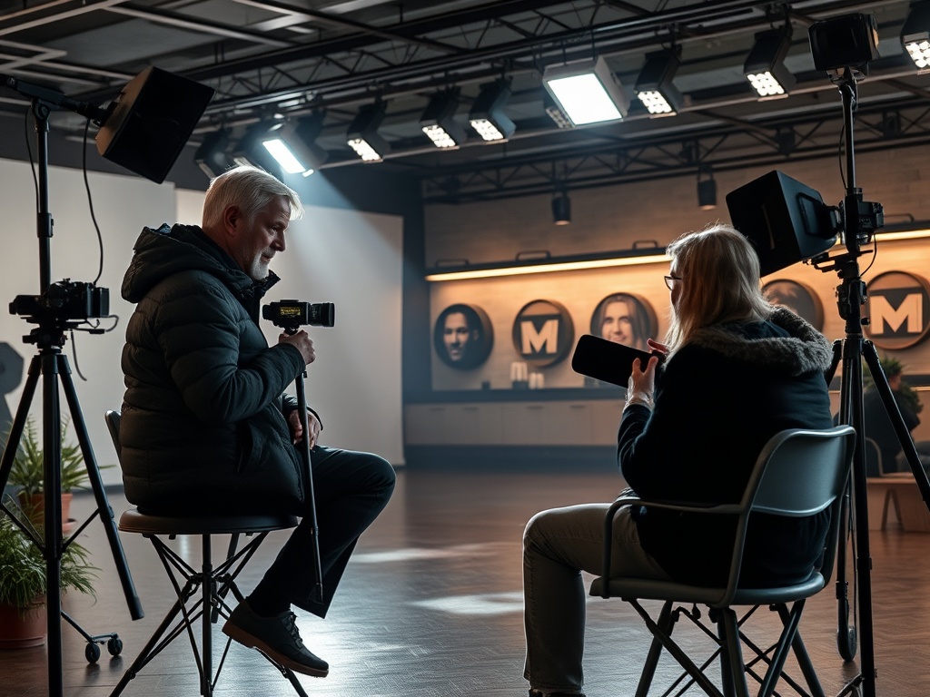 Два человека на интервью в студии, камера и освещение настроены, на заднем плане портреты.