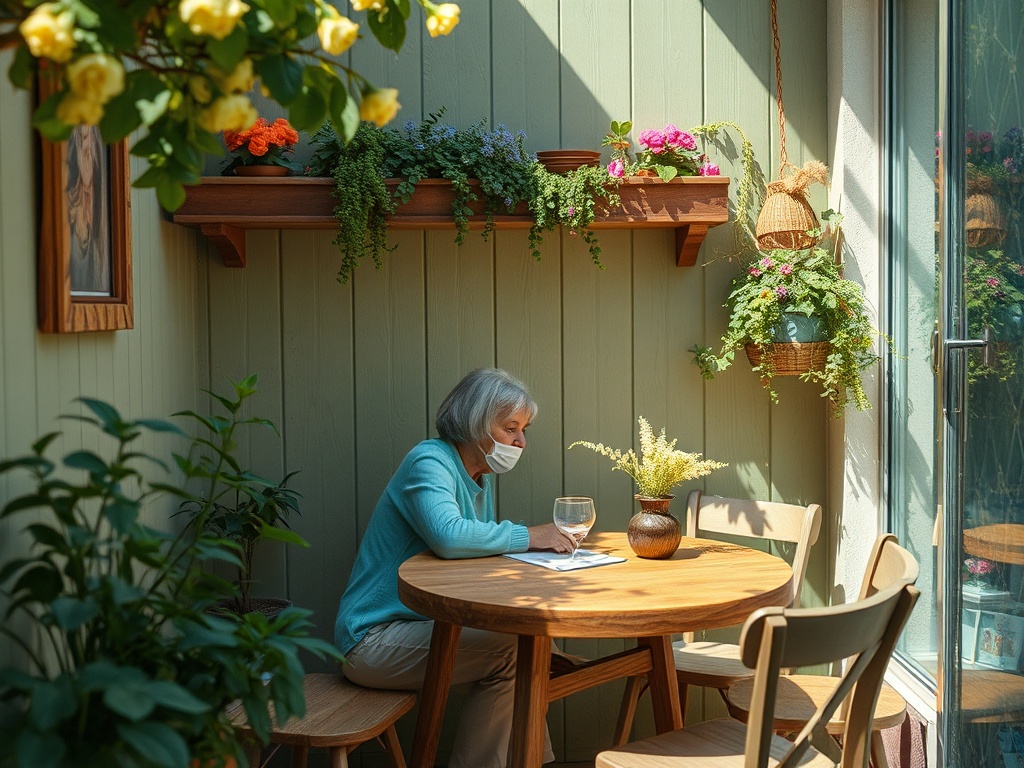 Пенсионерка в маске сидит за столом, окруженном зелеными растениями и цветами, читая книгу.