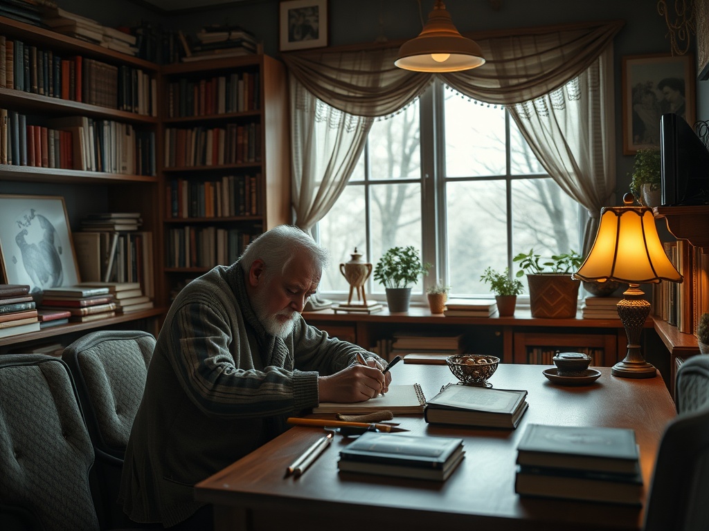 Пожилой человек сидит за столом и пишет в уютной библиотеке с книгами и зелеными растениями.