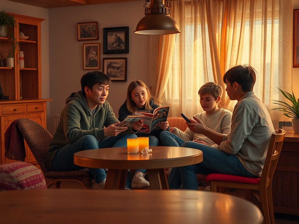 Четыре подростка читают книги и обсуждают их в уютной комнате при мягком свете.