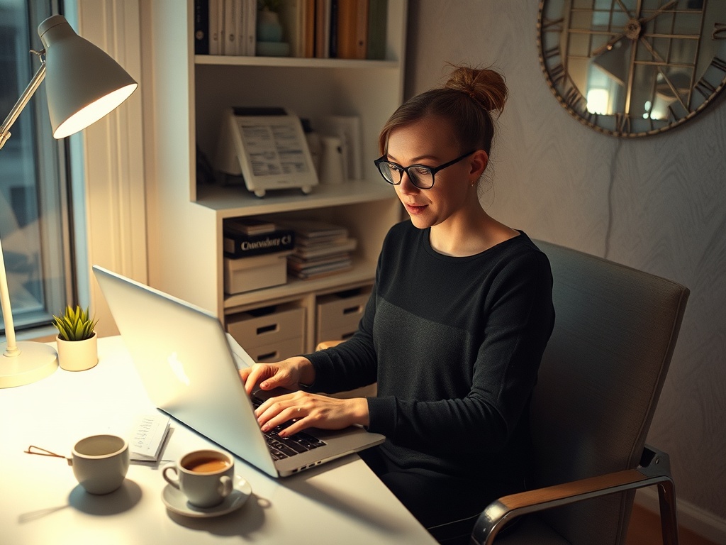 Девушка в очках работает за ноутбуком в уютном офисе, наслаждаясь чашечкой кофе.