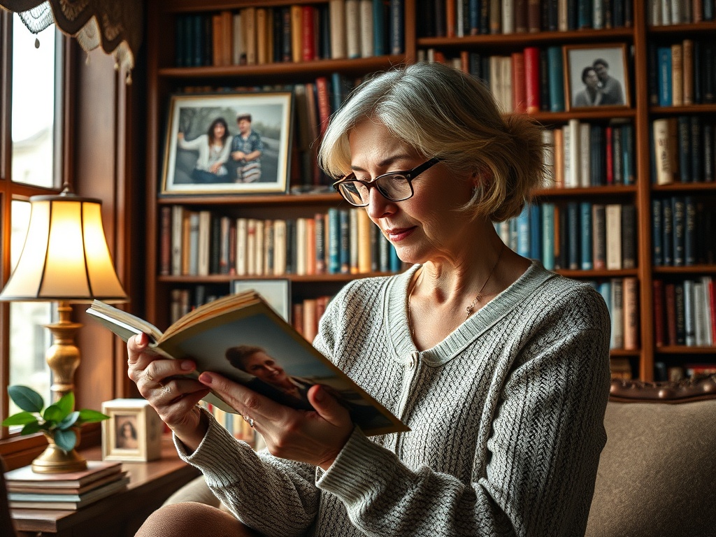 Женщина в свитере читает книгу у окна, среди полок с книгами и фотографиями. Тёплая атмосфера уюта.