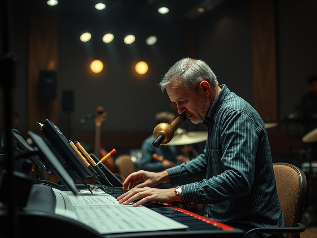Музыкант играет на клавишных, сосредоточившись на партитуре, в фоновом пространстве видна группа.