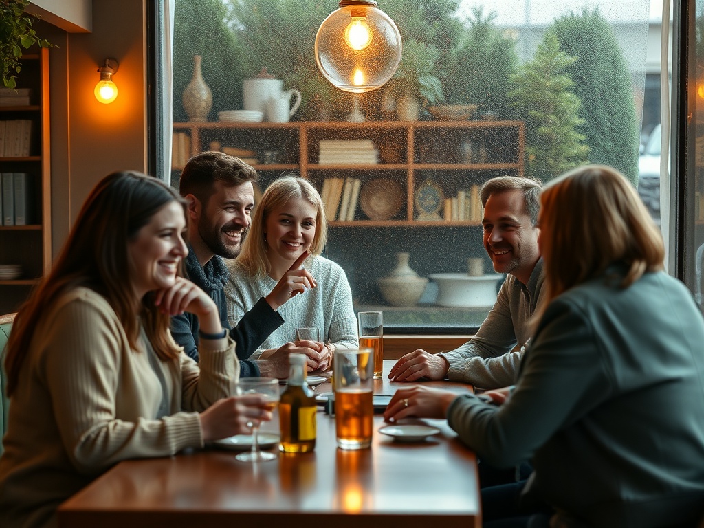 Группа друзей весело общается за столом в кафе, наслаждаясь напитками и атмосферой.