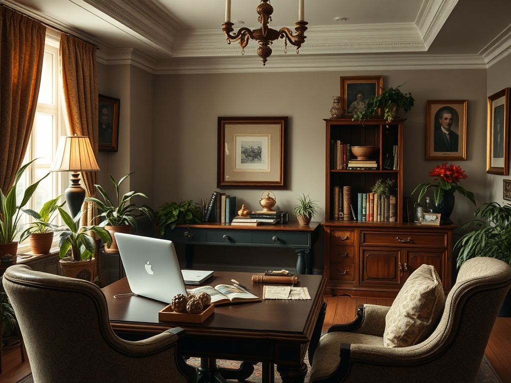 Уютный офис с деревянной мебелью, ноутбуком на столе и зелеными растениями в горшках.