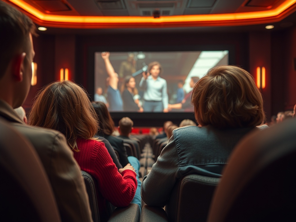 В зале кинотеатра зрители смотрят фильм на большом экране, освещённом вечерними огнями.
