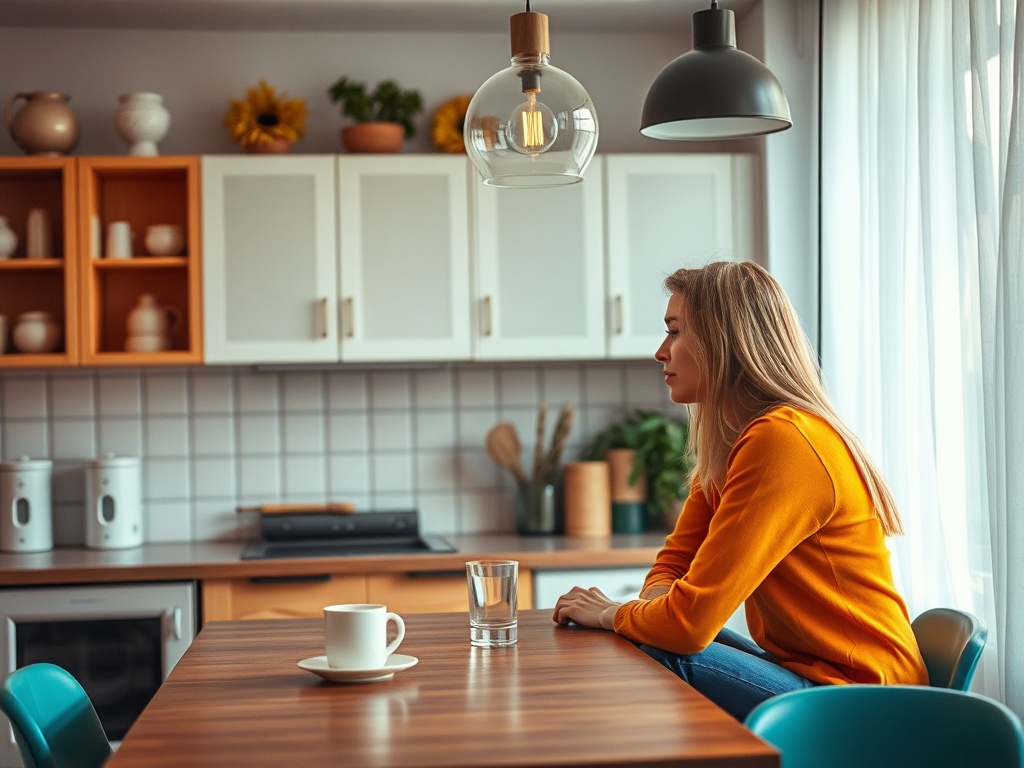 На кухне девушка в оранжевом свитере сидит за столом, глядя в сторону окна, рядом чашка и стакан воды.