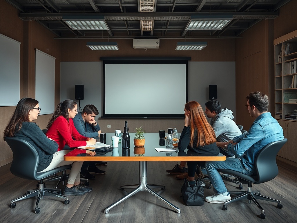 Группа людей на встрече в конференц-зале, внимание сосредоточено на экране.