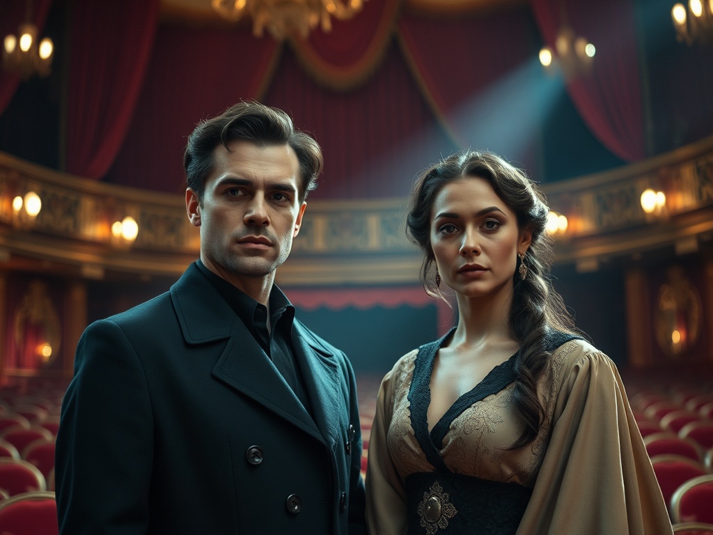 Два человека в театре: мужчина в черном пальто и женщина в вечернем платье на фоне красных рядов кресел.