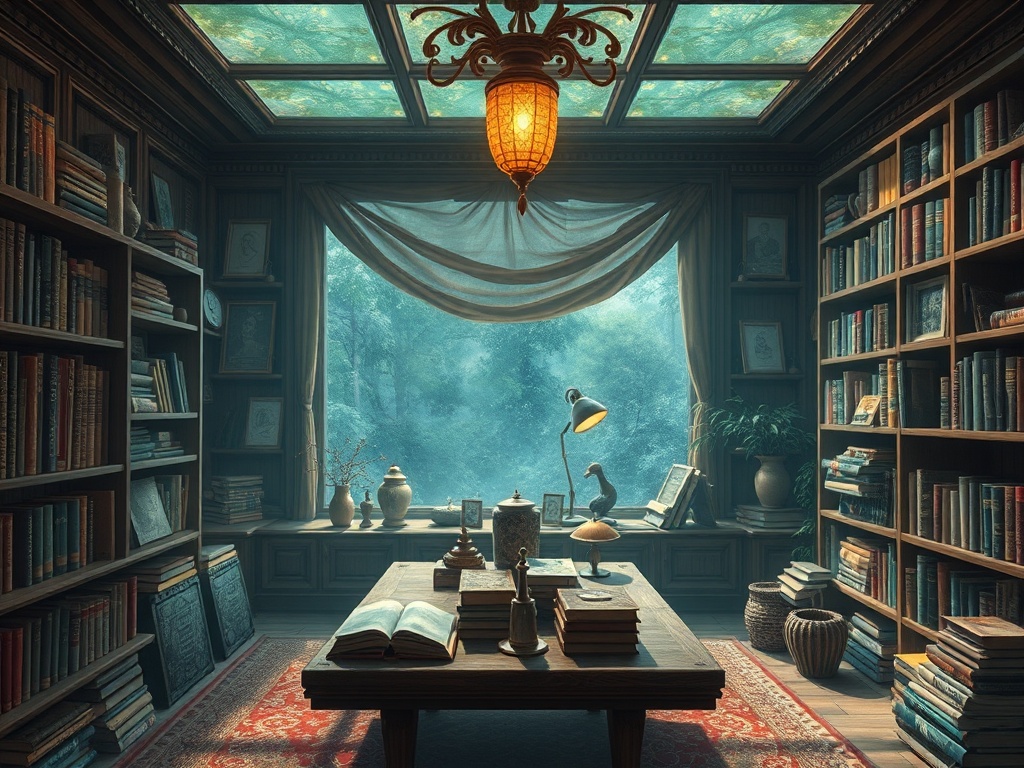 Уютная библиотека с книгами, столом и окном, через которое виден лес. Светильник создаёт атмосферу уюта.