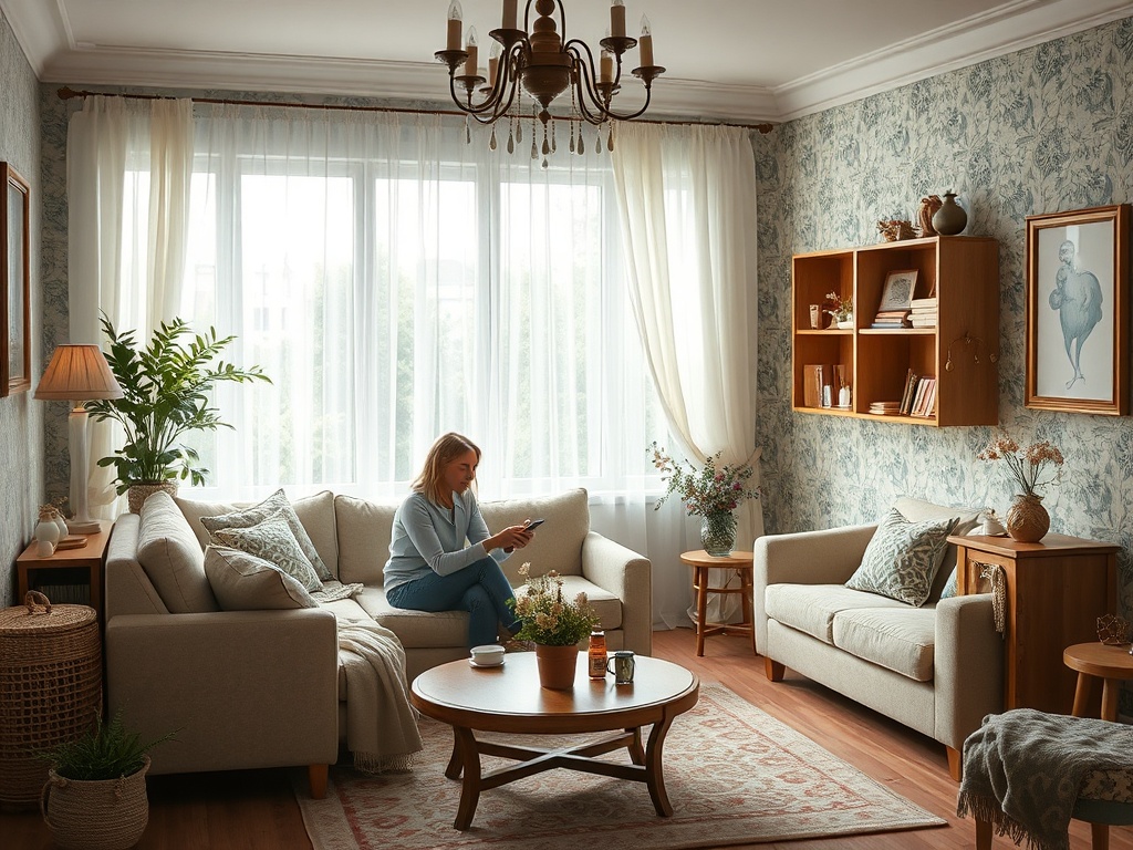 Уютная гостиная с женщиной, использующей телефон, и красивым интерьером с растениями и книжными полками.