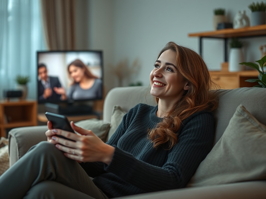 Молодая женщина улыбается, держа телефон, на фоне телевизора с передачей. Уютная домашняя обстановка.