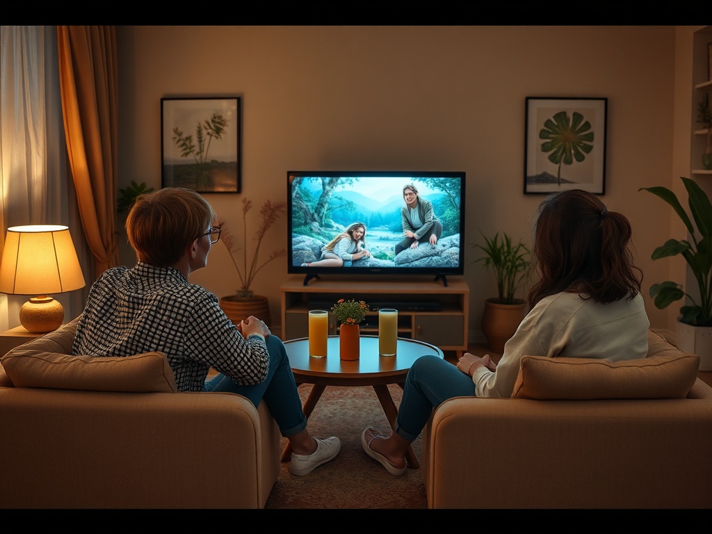 Два человека сидят на диване и смотрят телевизор в уютной комнате, окружённой растениями.