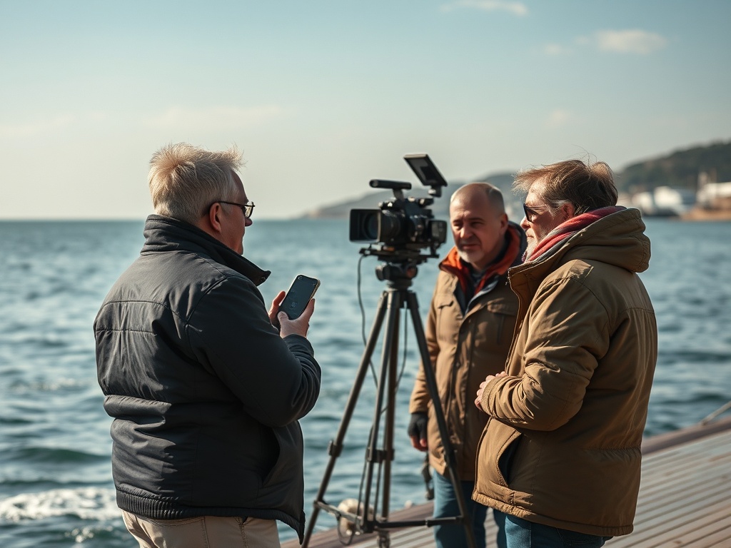 На берегу моря трое мужчин обсуждают съемки, рядом с ними стоит камера на штативе.