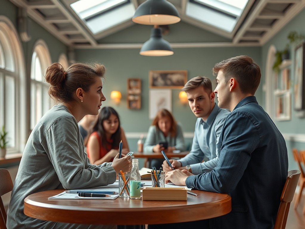Группа молодых людей обсуждает идеи за столом в кафе с приятной атмосферой.
